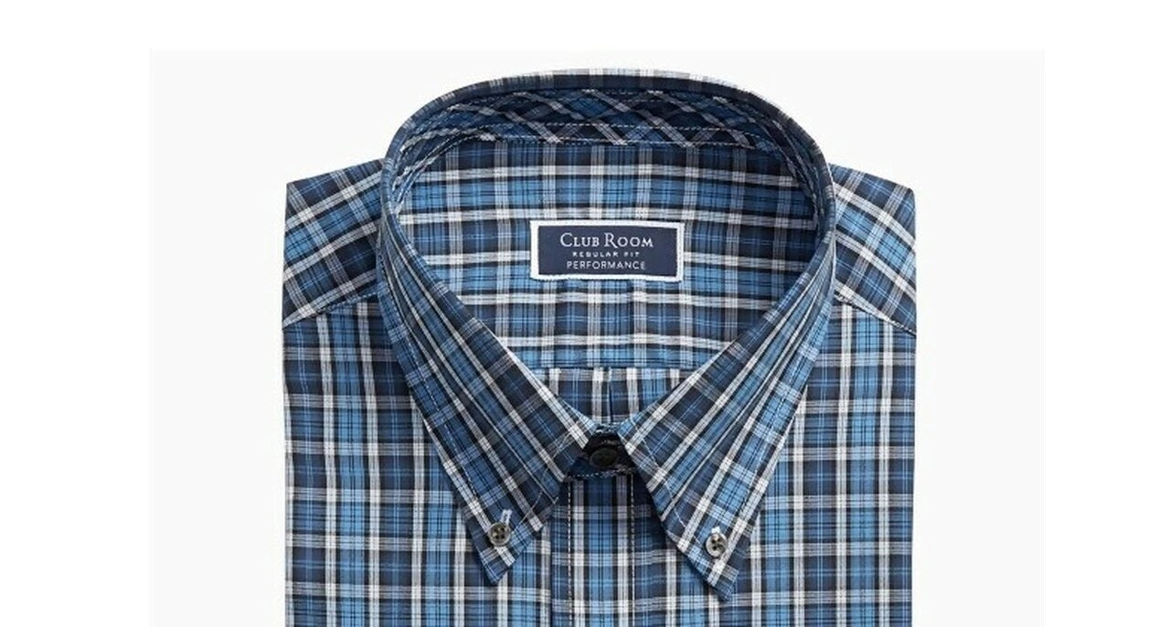 Camisa social masculina Club Room Classic/Regular Fit Stretch Blackwatch Tartan Azul Tamanho 34-35