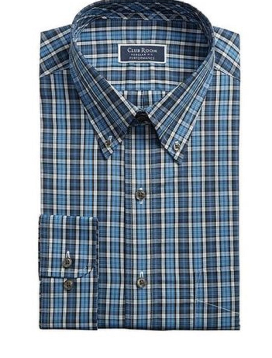 Camisa social masculina Club Room Classic/Regular Fit Stretch Blackwatch Tartan Azul Tamanho 34X35