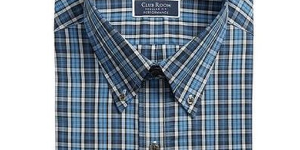 Camisa social masculina Club Room Classic/Regular Fit Stretch Blackwatch Tartan Azul Tamanho 34X35