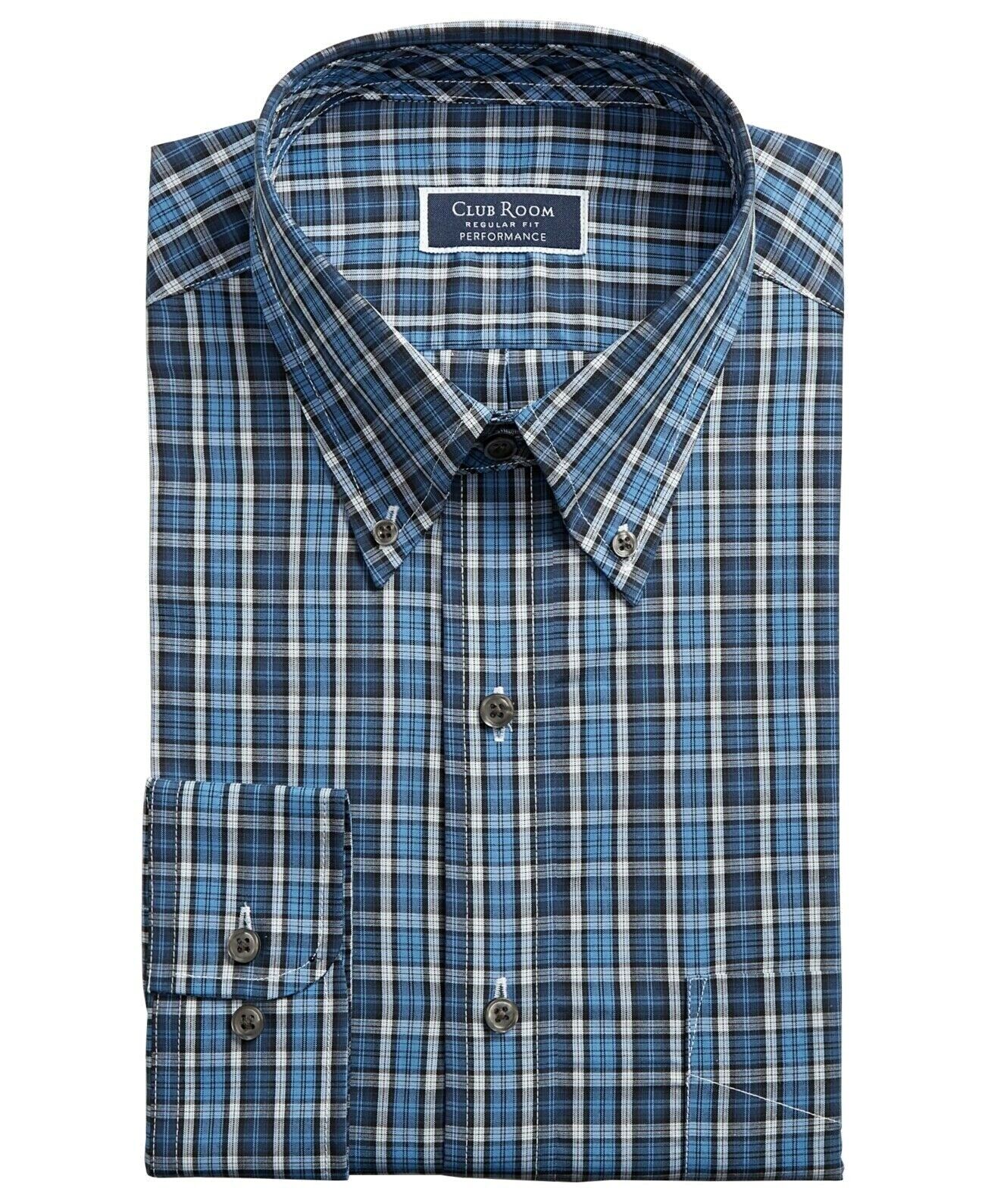 Camisa social masculina Club Room Classic Fit Stretch Blackwatch Tartan, azul marinho, tamanho 17-32-33