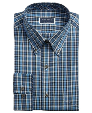Club Room Men's Classic Fit Stretch Blackwatch Tartan Dress Shirt Navy Size 17-32-33