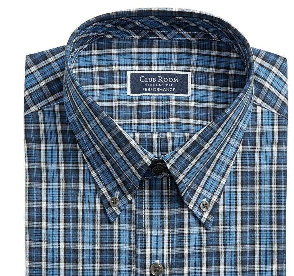 Camisa social masculina Club Room Classic Fit Stretch Blackwatch Tartan, azul marinho, tamanho 17-32-33