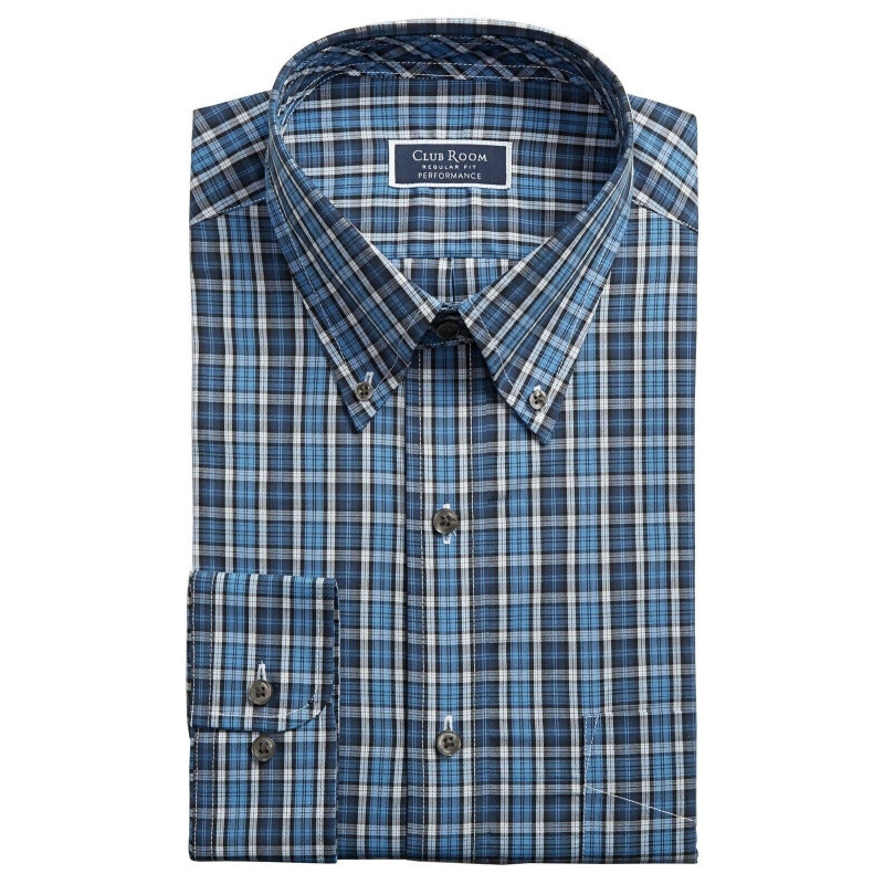 Camisa social masculina Club Room Classic/Regular Fit Stretch Blackwatch Tartan Azul Marinho Tamanho 36-37