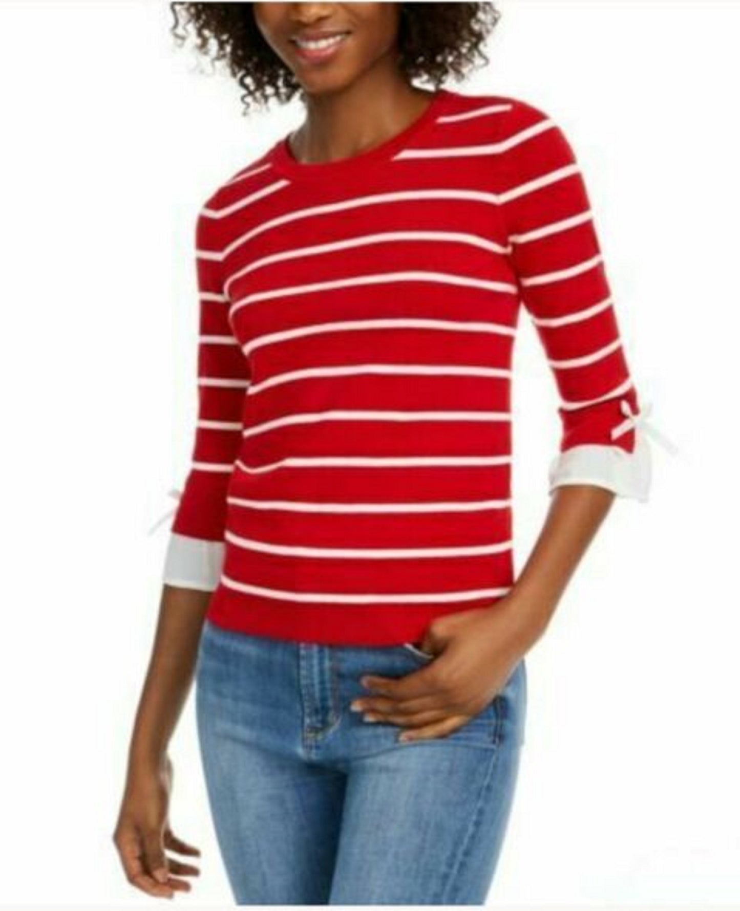 Suéter feminino listrado com acabamento em laço Maison Jules vermelho brilhante tamanho extra pequeno