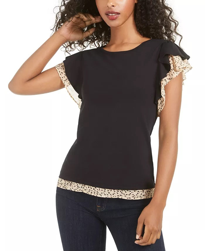 Blusa feminina Maison Jules com estampa e mangas bufantes, preta, tamanho médio
