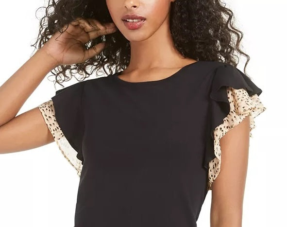 Blusa feminina Maison Jules com estampa e mangas bufantes, preta, tamanho médio