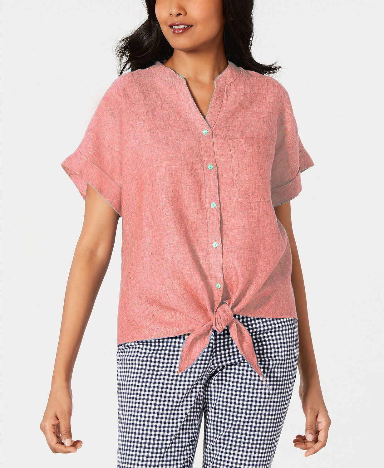Camisa feminina Charter Club de linho com botões e amarração frontal, tamanho laranja, extra grande