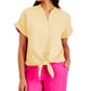 Camisa feminina Charter Club de linho com amarração frontal e botões, amarela, tamanho pequeno