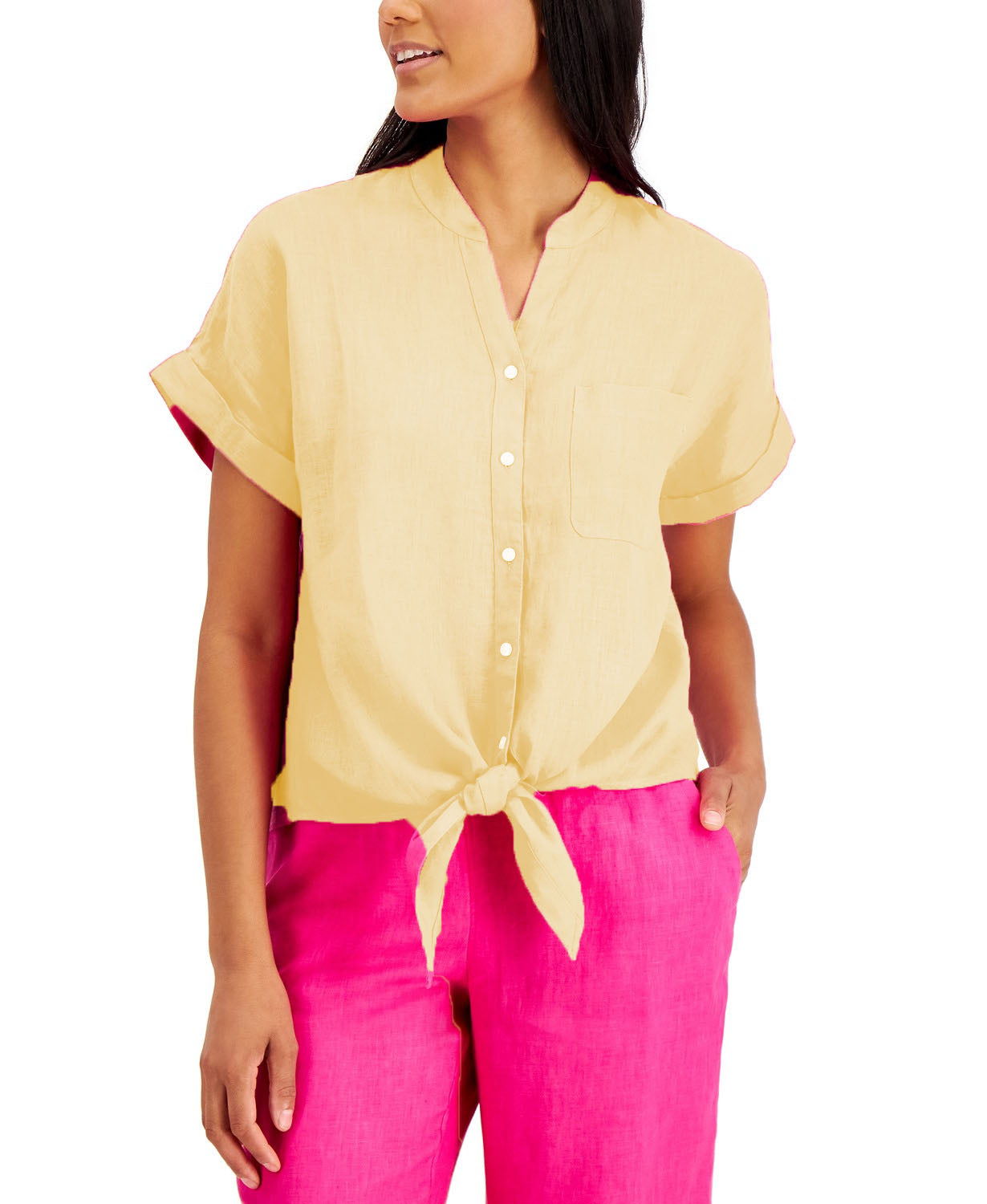 Camisa feminina Charter Club de linho com amarração frontal e botões, amarela, tamanho pequeno