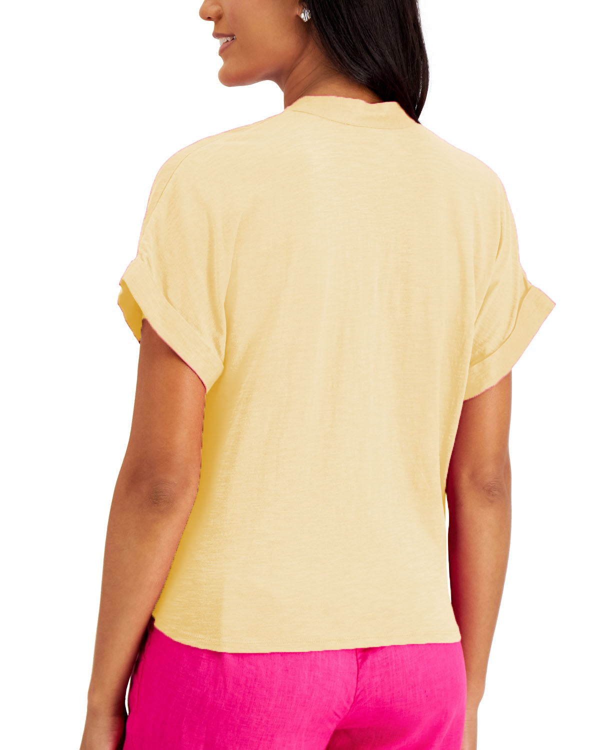 Camisa feminina Charter Club de linho com amarração frontal e botões, amarela, tamanho pequeno