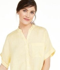 Camisa feminina Charter Club de linho com amarração frontal e botões, amarela, tamanho pequeno