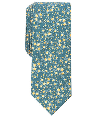 Gravata fina masculina com estampa floral em aquarela Bar III, tamanho regular, azul marinho