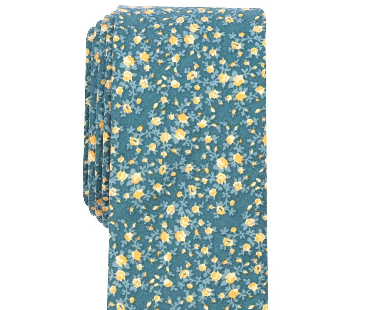 Gravata fina masculina com estampa floral em aquarela Bar III, tamanho regular, azul marinho