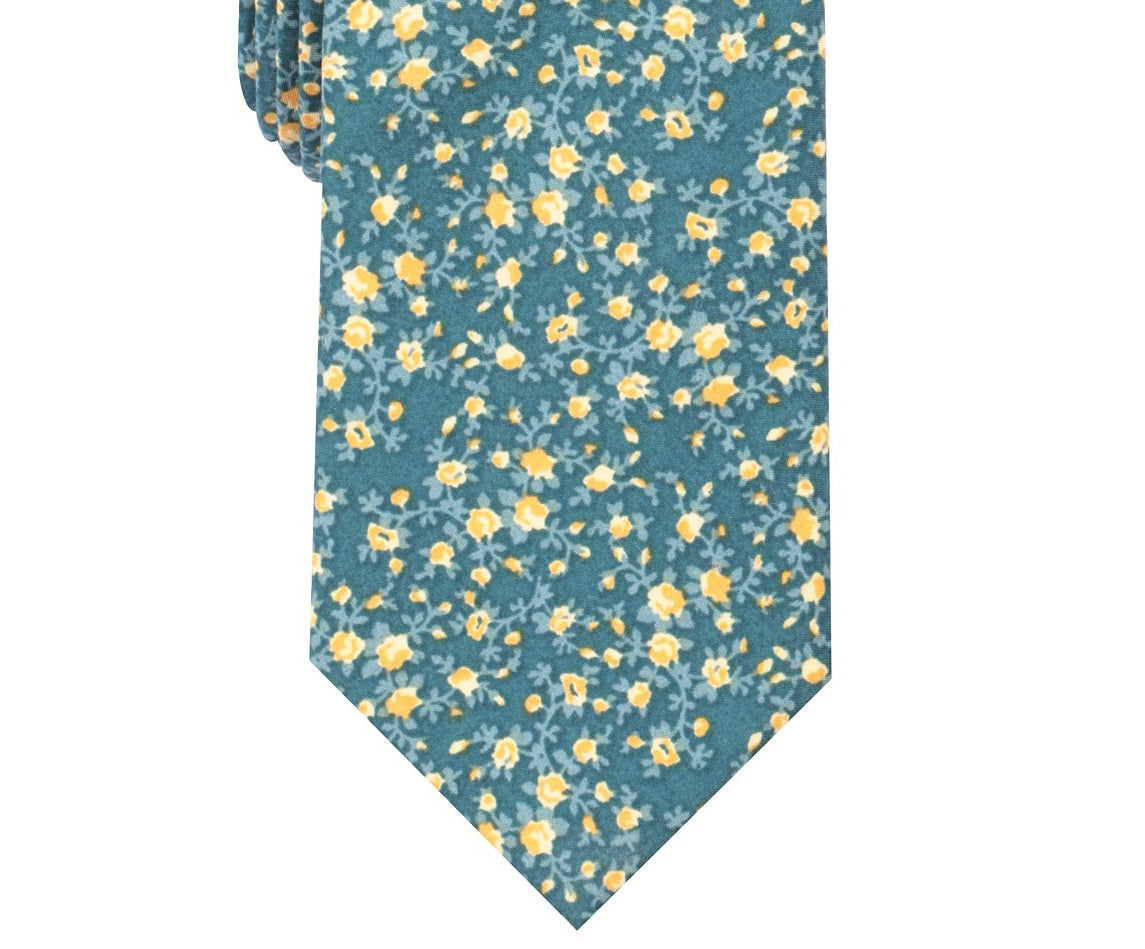 Gravata fina masculina com estampa floral em aquarela Bar III, tamanho regular, azul marinho