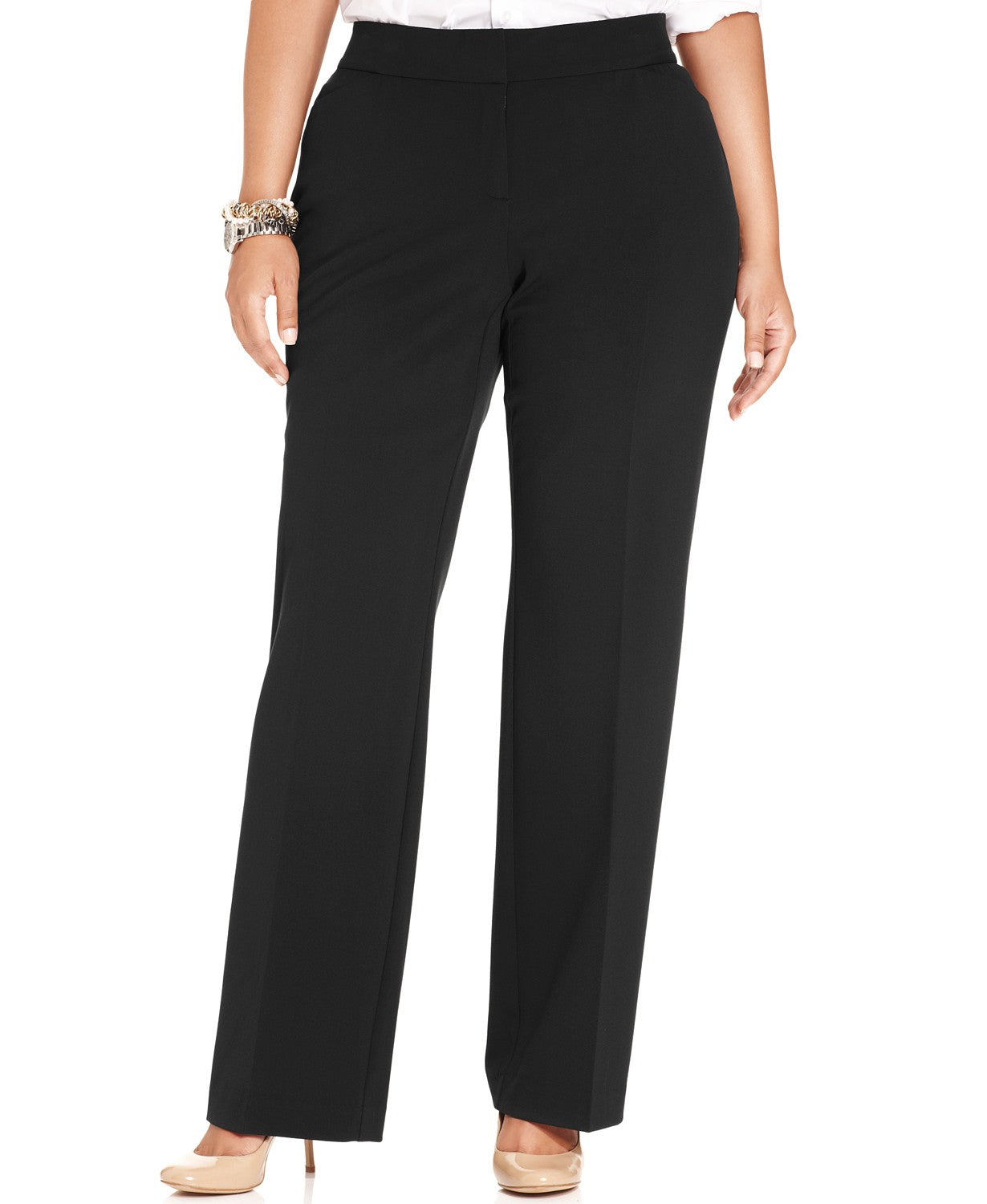 Calça feminina plus size e petite da coleção JM Collection, corte reto e curvilíneo, preta, tamanho 22