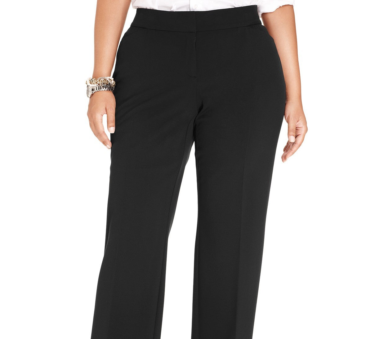 Calça feminina plus size e petite da coleção JM Collection, corte reto e curvilíneo, preta, tamanho 22