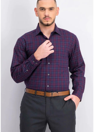 Camisa social masculina Club Room Classic Regular Fit em sarja elástica xadrez pied-de-poule, roxa, tamanho 18x36-37