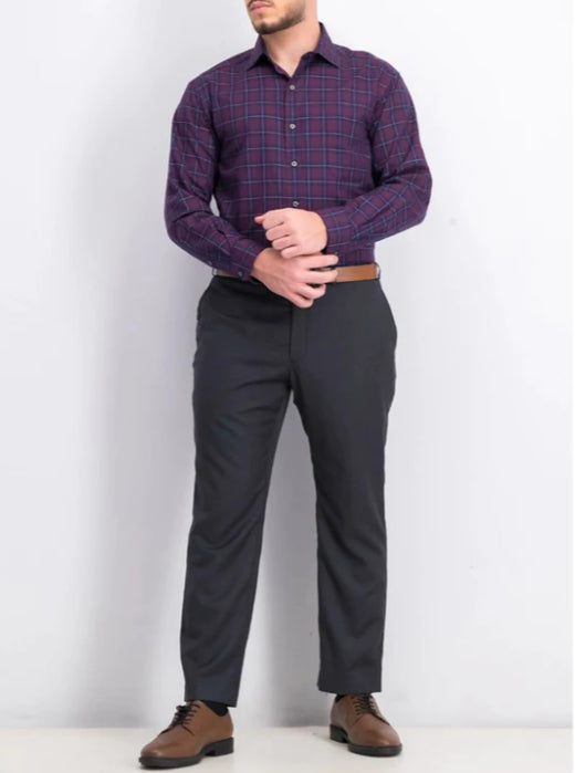 Camisa social masculina Club Room Classic Regular Fit em sarja elástica xadrez pied-de-poule, roxa, tamanho 18x36-37