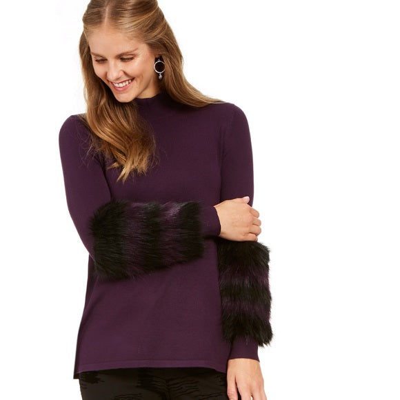 Suéter feminino Alfani listrado com punho de pele sintética, roxo, tamanho pequeno