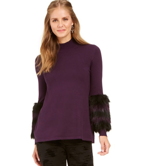 Suéter feminino Alfani listrado com punho de pele sintética, roxo, tamanho pequeno