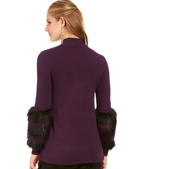 Suéter feminino Alfani listrado com punho de pele sintética, roxo, tamanho pequeno