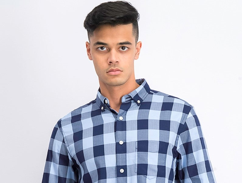 Camisa xadrez com bolso espinha de peixe masculina Club Room, azul, tamanho pequeno