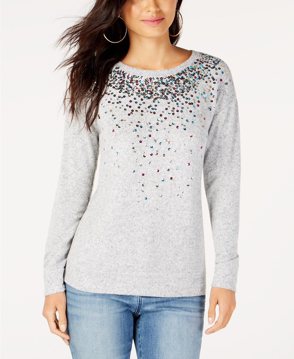 Blusa de malha com lantejoulas feminina INC International Concepts, cinza, tamanho 2, extra grande