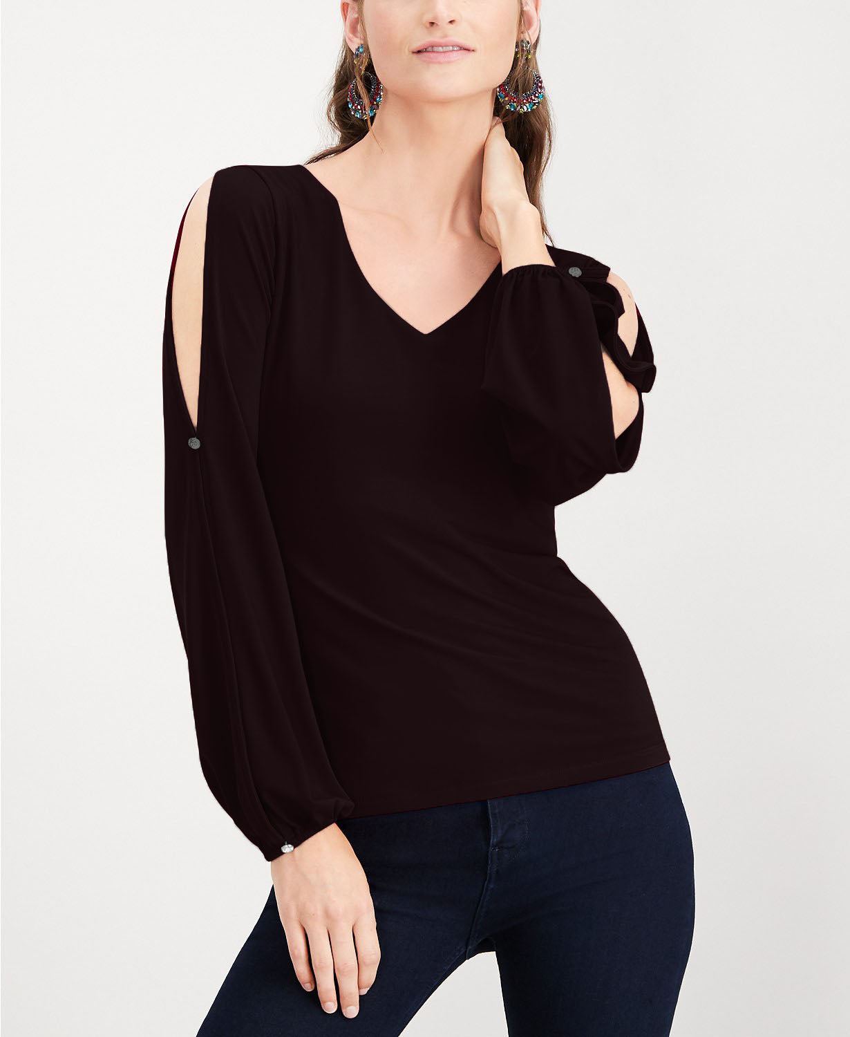 INC International Concepts Top feminino pequeno com mangas divididas e botões de strass, preto, tamanho médio