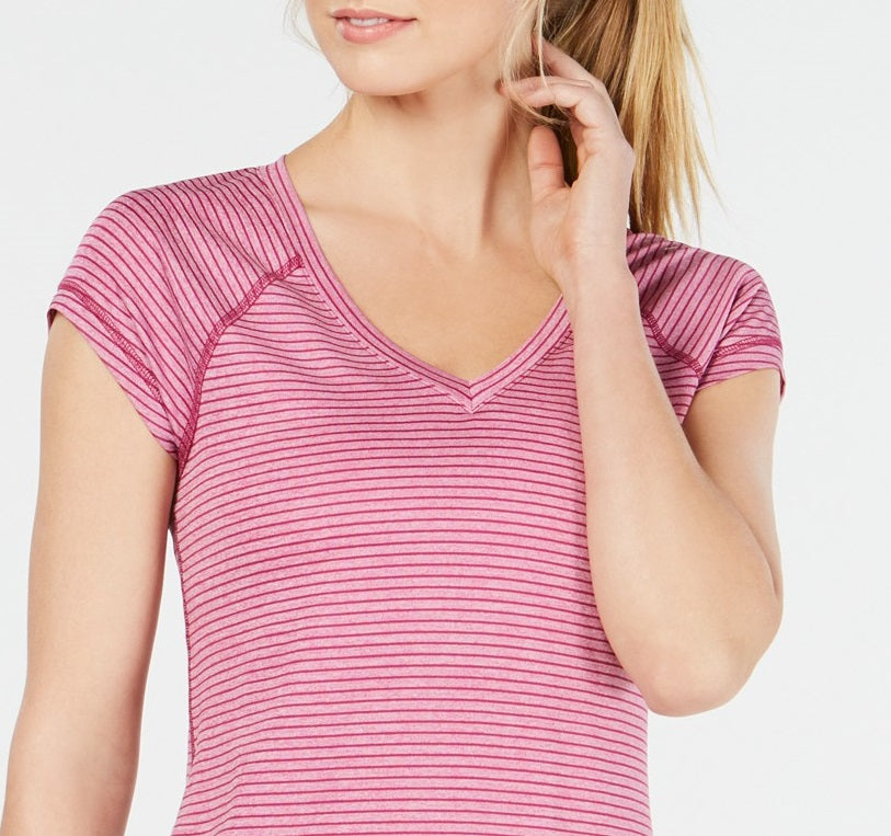 Camiseta feminina listrada com decote em V Ideology, rosa, tamanho grande