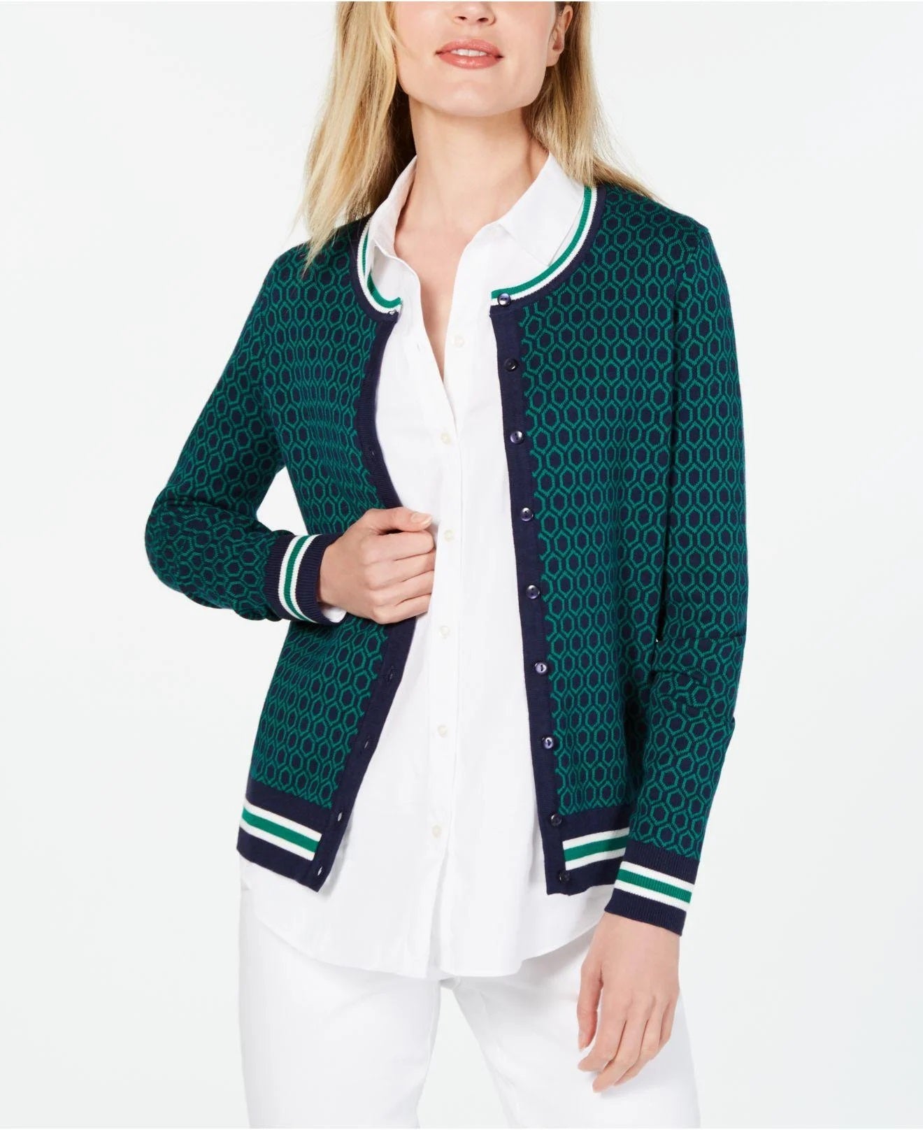 Cardigan estampado feminino Charter Club, verde, tamanho grande