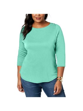 Camiseta feminina plus size de algodão estampada com manga 3/4, tamanho 1X, verde, Charter Club