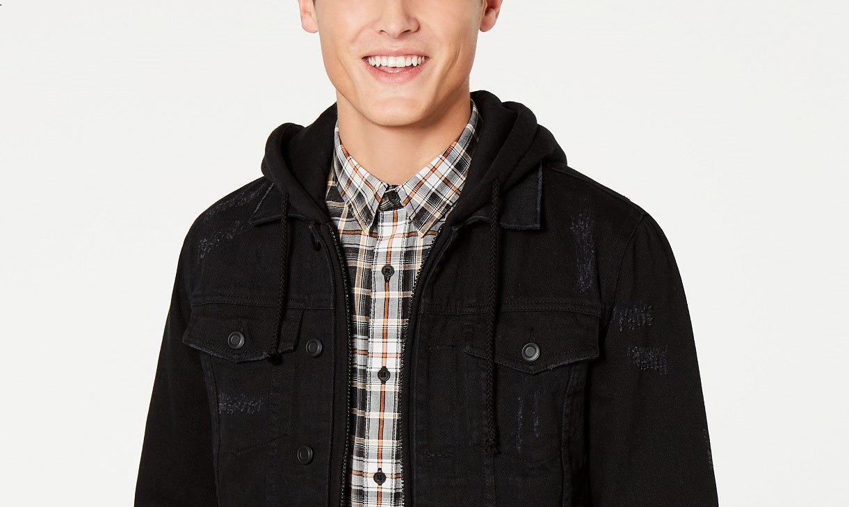 Jaqueta jeans com capuz American Rag masculina, preta, tamanho pequeno