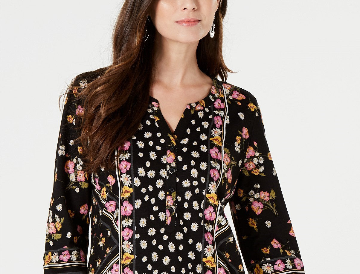 Camisa feminina estampada com decote aberto, preta, tamanho pequeno, estilo &amp; co