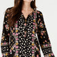 Camisa feminina estampada com decote aberto, preta, tamanho X-S