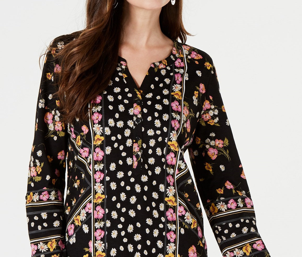 Camisa feminina estampada com decote aberto, preta, tamanho X-S