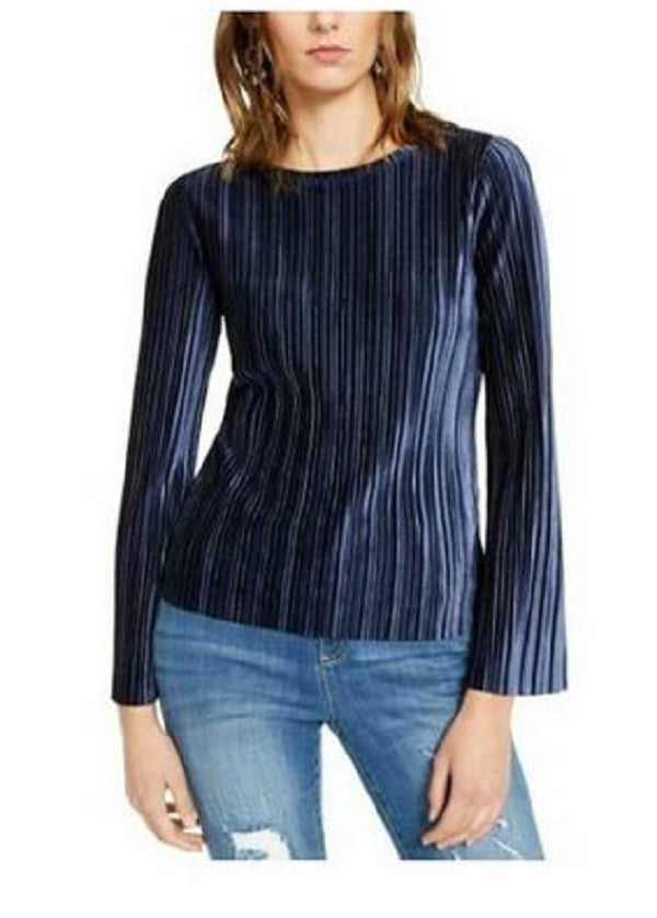 Blusa plissada de veludo feminina INC International Concepts, azul-marinho, tamanho pequeno