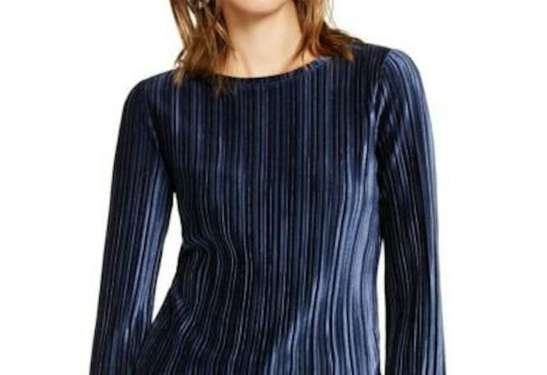 Blusa plissada de veludo feminina INC International Concepts, tamanho azul-marinho, extrapequeno