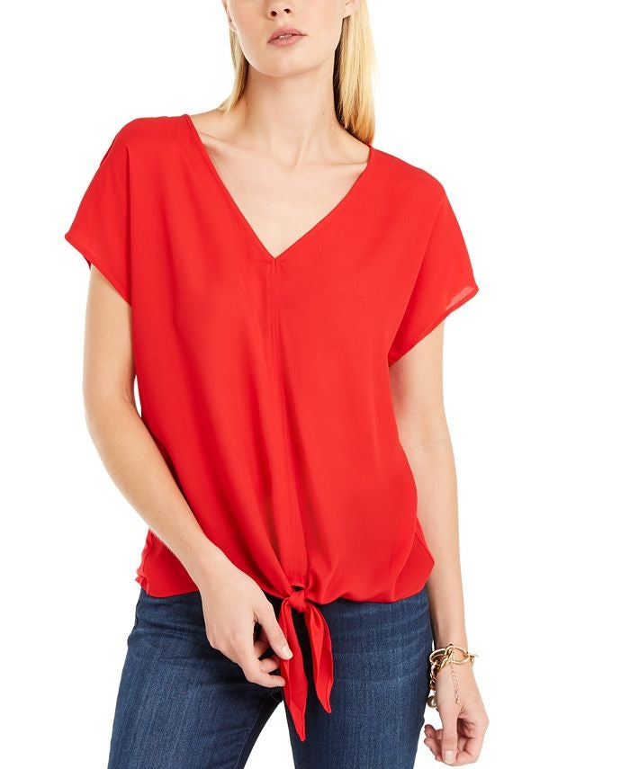 INC International Concepts Top feminino com amarração frontal vermelho escuro tamanho pequeno pequeno