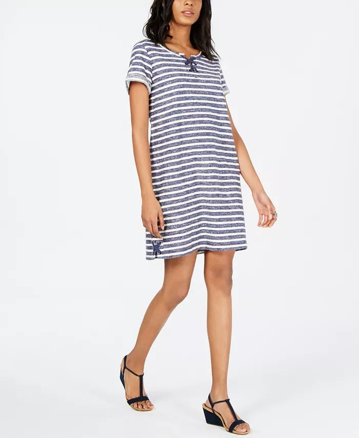 Vestido estilo camiseta feminino com cadarço, azul, tamanho médio