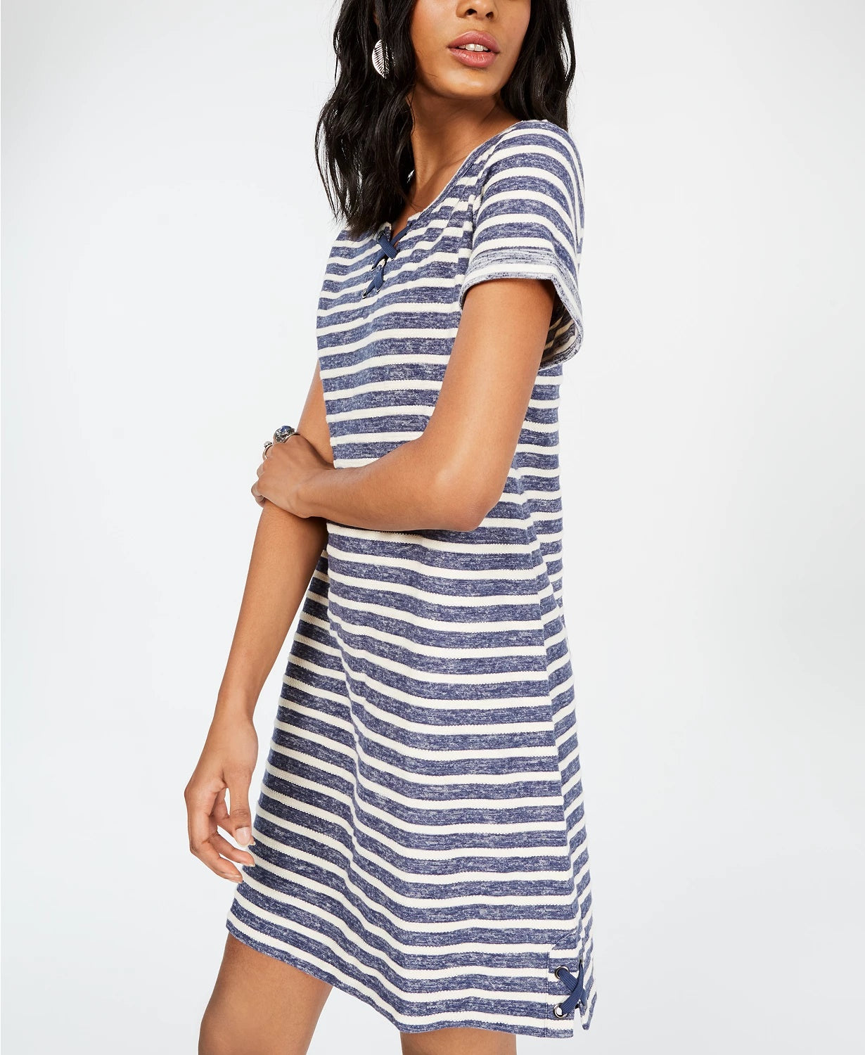 Vestido estilo camiseta feminino com cadarço, azul, tamanho médio