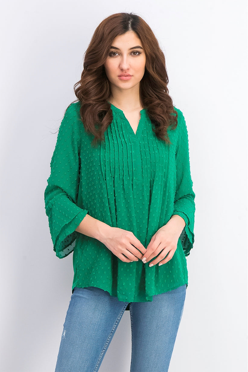 Charter Club Blusa feminina texturizada com babados duplos, verde escuro, tamanho X-S