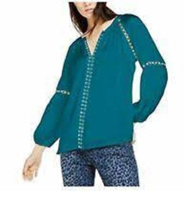 Blusa camponesa feminina com ilhós e acabamento em ilhós, azul, tamanho pequeno, da INC International Concepts