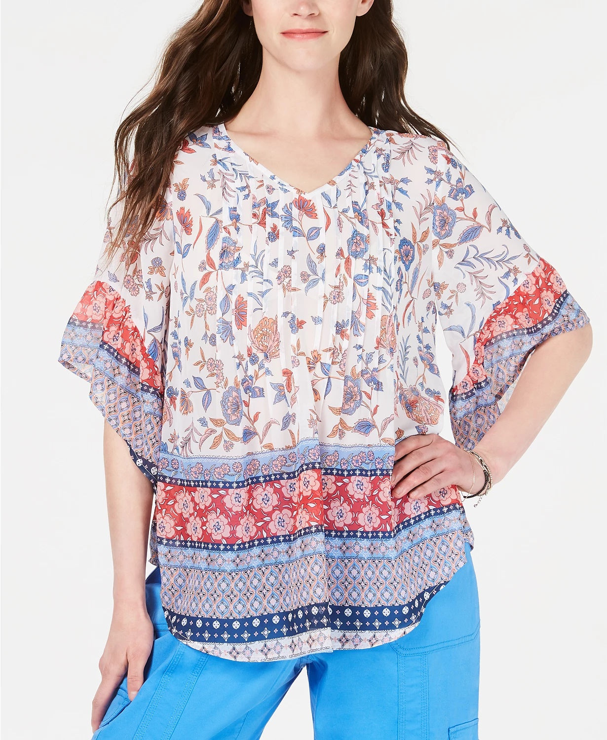 Top feminino com estampa de cachecol retrô e pregas estilo &amp; co, azul marinho, tamanho grande