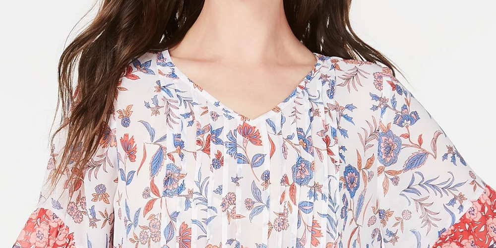 Top feminino com estampa de cachecol retrô e pregas estilo &amp; co, azul marinho, tamanho grande