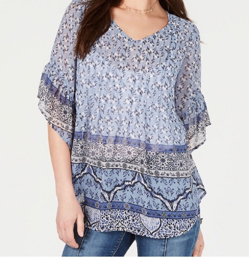 Blusa feminina estilo &amp; co com estampa retrô de cachecol e pregas, azul marinho, tamanho extrapequeno