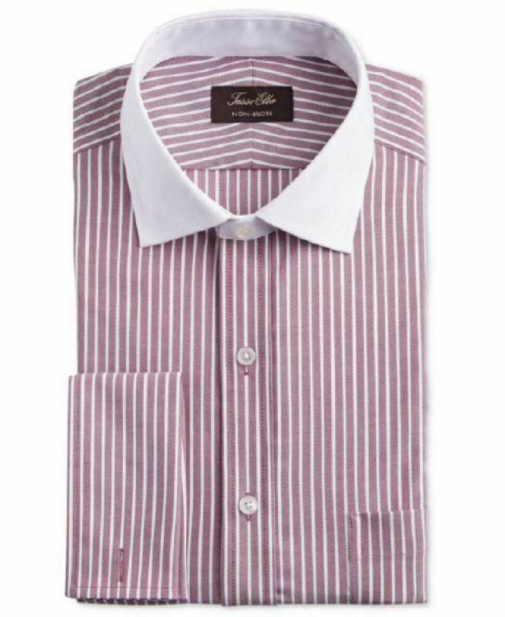 Camisa social masculina Tasso Elba Classic/Regular Fit, sem passar, de algodão Supima, com listras e punho francês, vermelha, tamanho 34-35