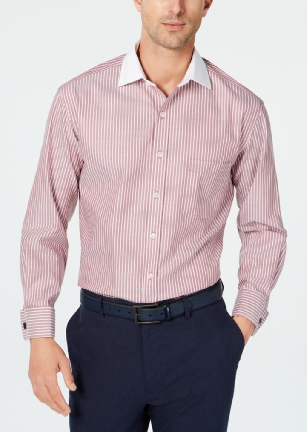 Camisa social masculina Tasso Elba Classic/Regular Fit, sem passar, de algodão Supima, com listras e punho francês, vermelha, tamanho 34-35