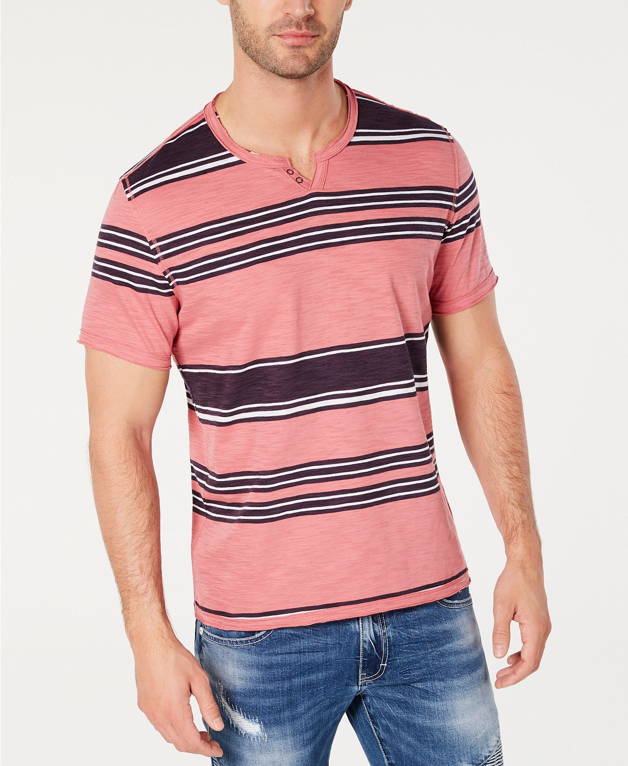 Camiseta listrada masculina INC International Concepts com gola dividida, tamanho médio, rosa, tamanho extragrande