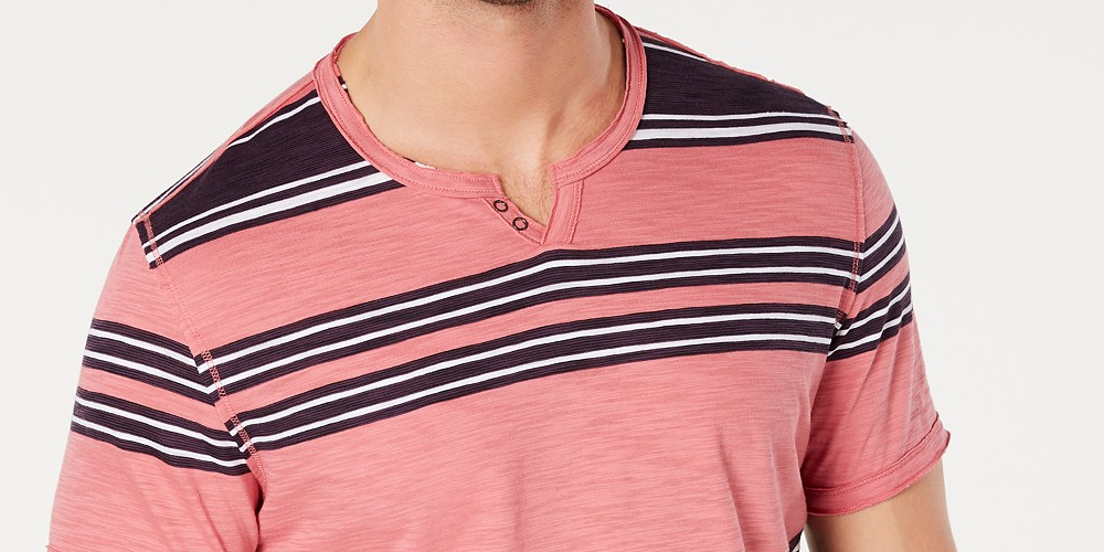 Camiseta listrada masculina INC International Concepts com gola dividida, tamanho médio, rosa, tamanho extragrande