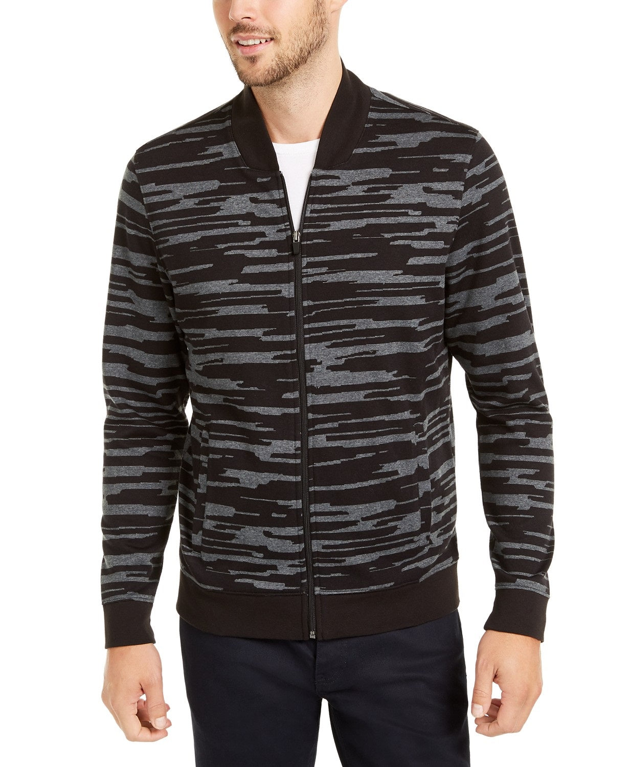 Jaqueta bomber masculina Alfani com estampa abstrata, preta, tamanho pequeno